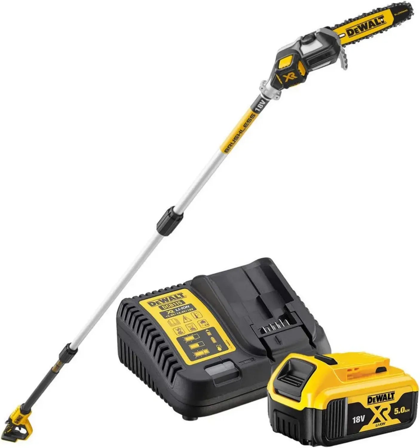 Perche Élagage DEWALT XR 18V Brushless, Batterie Li-Ion 5AH, Autonomie Maximale, Kit Complet