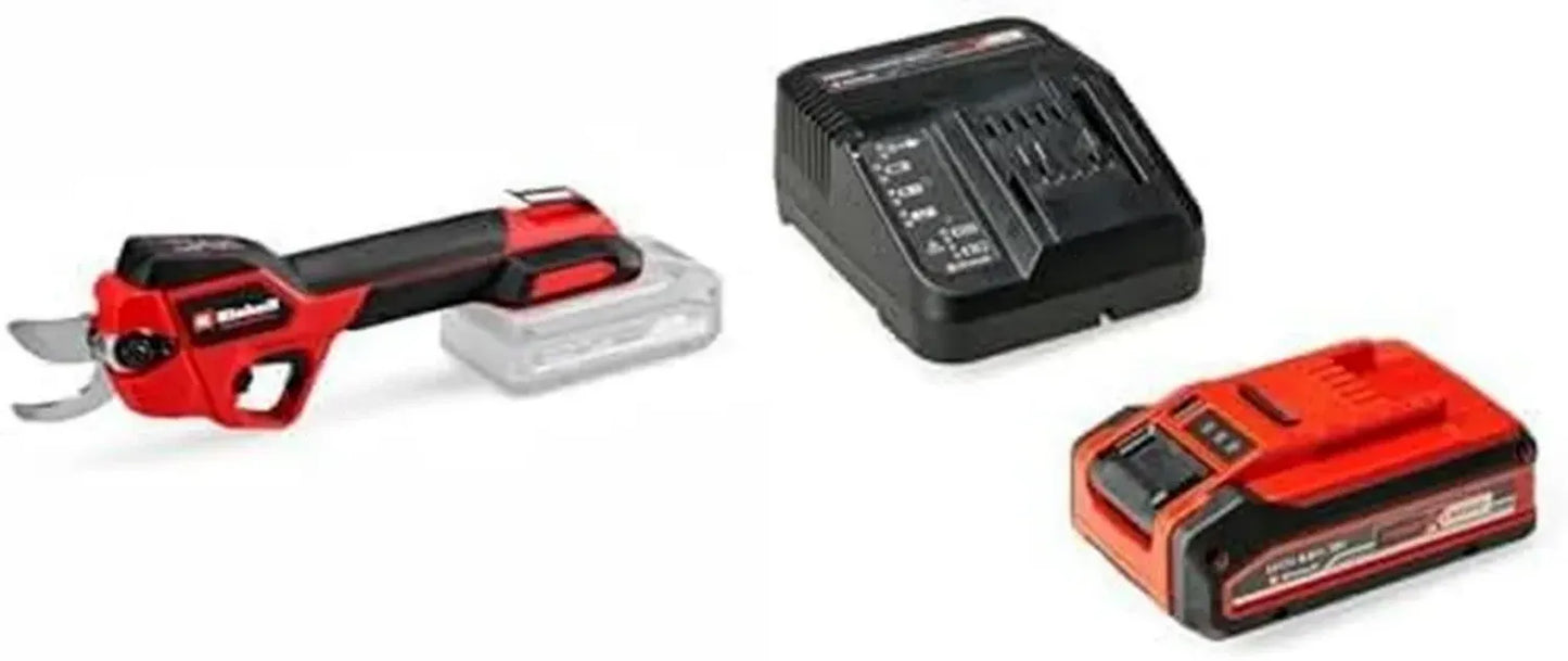Sécateur sans fil Einhell 18V, Lames Bypass, Coupe réglable, Inclus Batterie 4,0Ah et Chargeur
