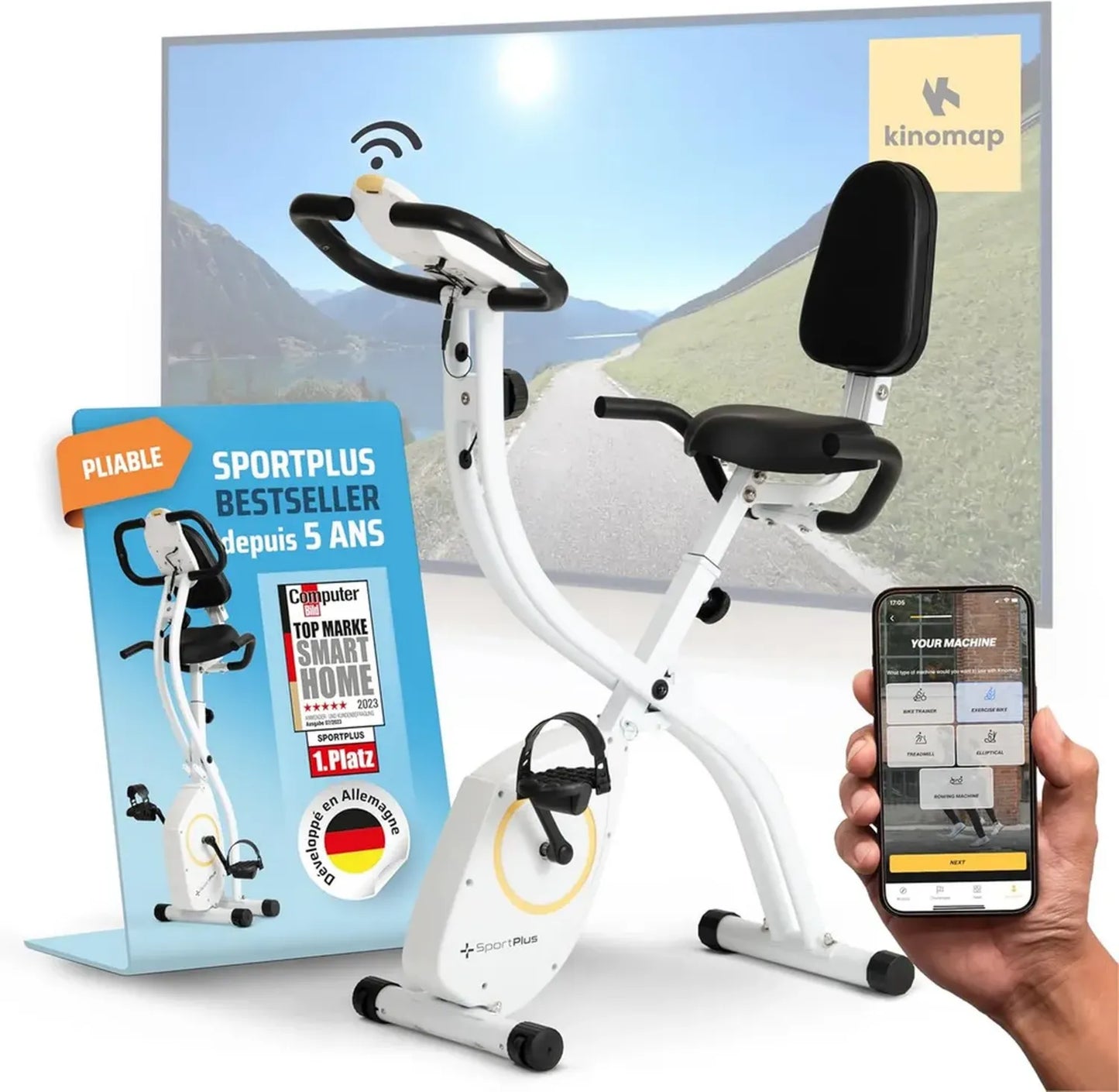 Vélo d'Appartement Pliable SportPlus avec Dossier et 8 Niveaux de Résistance - Frein Magnétique Silencieux, Support Tablette, Capteur Cardiaque