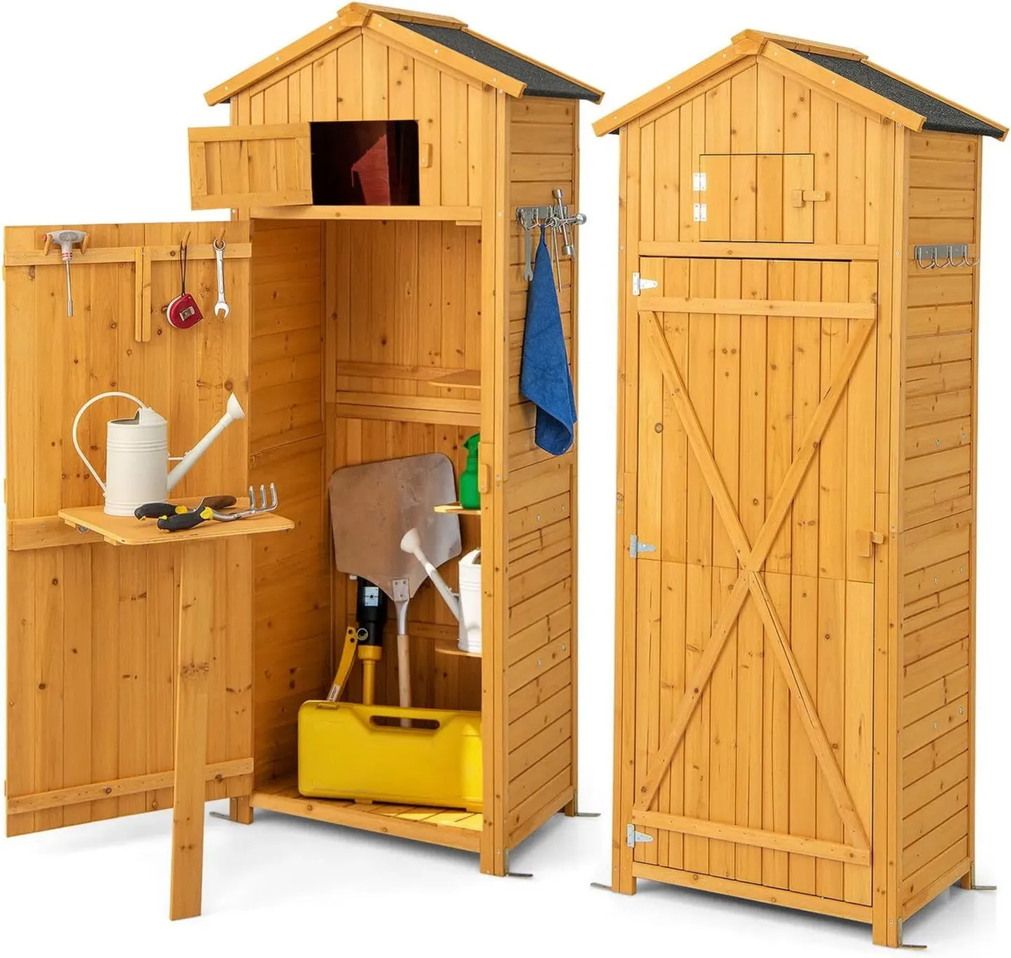 Abri de Jardin en Bois avec Loquet et Étagères Amovibles, Cabanon Extérieur Multifonctionnel pour Jardin, Maison, Cour (65x42x181cm)