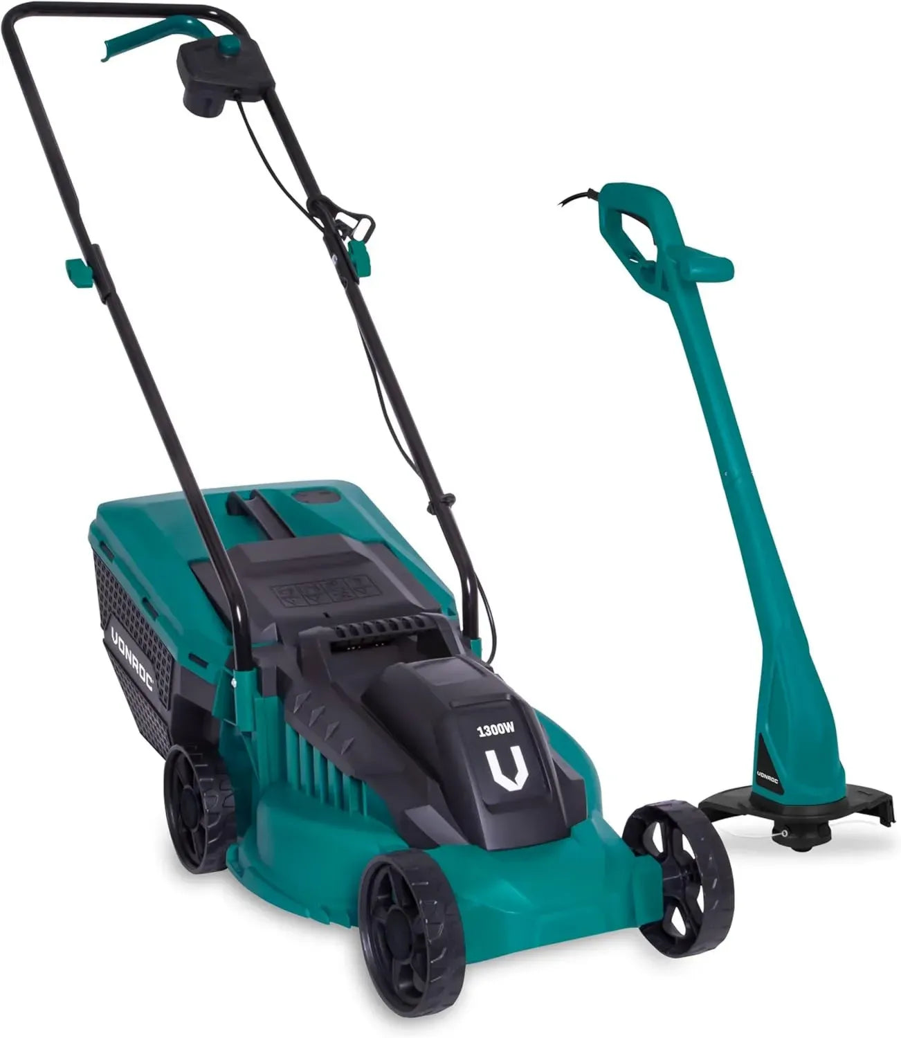 Ensemble Tondeuse 1300W et Débroussailleuse 300W VONROC - Coupe 32cm - Bac 30L - Pelouse et Herbe