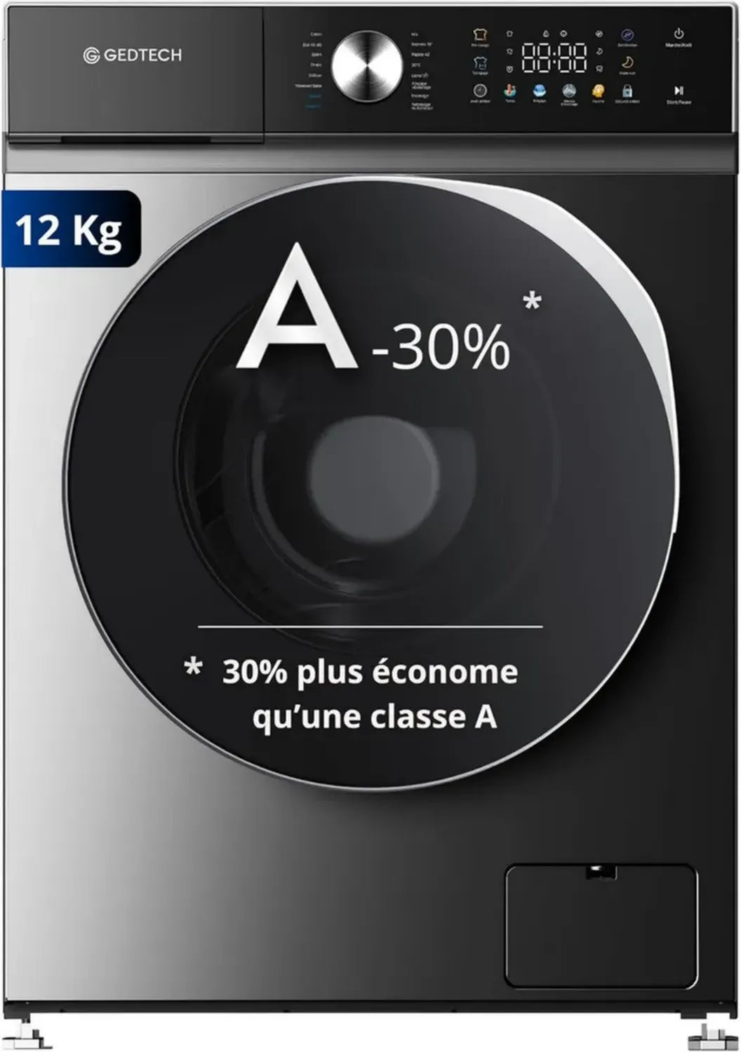Machine à laver frontale GEDTECH 12 Kg - 1400 tr/min - 16 programmes - Éco - Intensif - Rapide - Faible consommation - Écran LED couleur