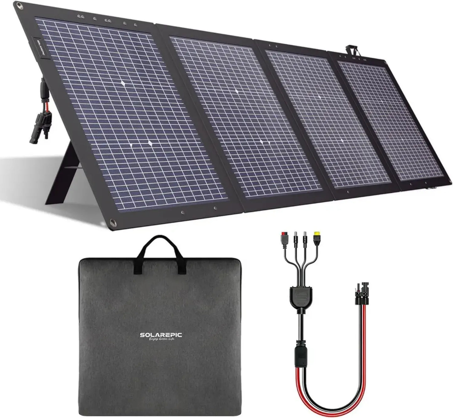 Chargeur solaire pliable 220W, cellules bifaciales monocristallines, résistant à l'eau, pour camping et véhicule, avec support et sac