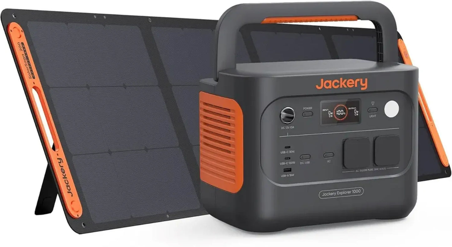 Centrale Électrique Portable Jackery 1000 v2 avec Panneau Solaire 200W, Batterie LFP 1070Wh, Sortie 1500W AC/100W USB-C, Recharge Rapide 1H via APP pour Camping et Urgence