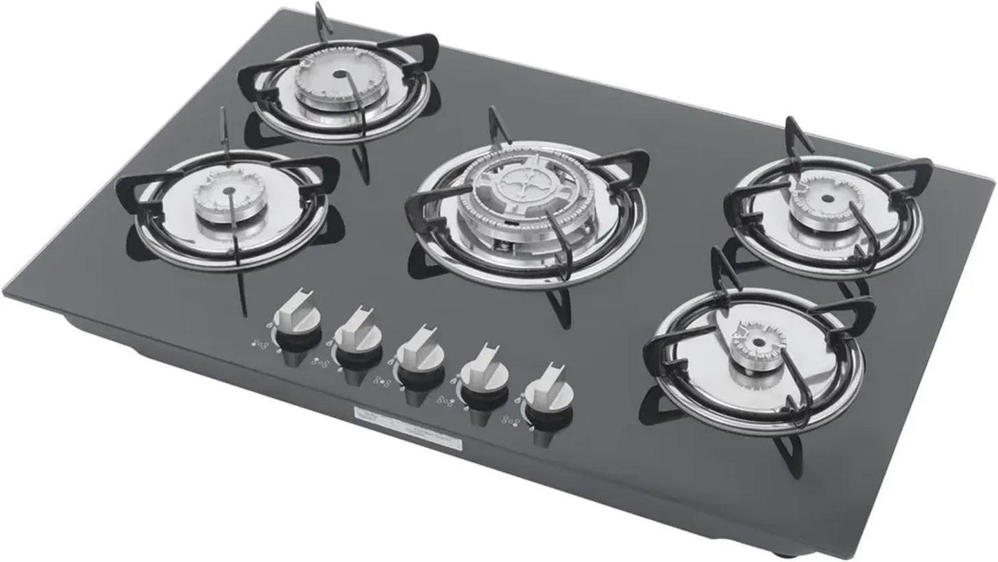 Plaque de cuisson à gaz intégrée 5 foyers en verre, allumage rotatif, sécurité antifeu, usage domestique ou commercial