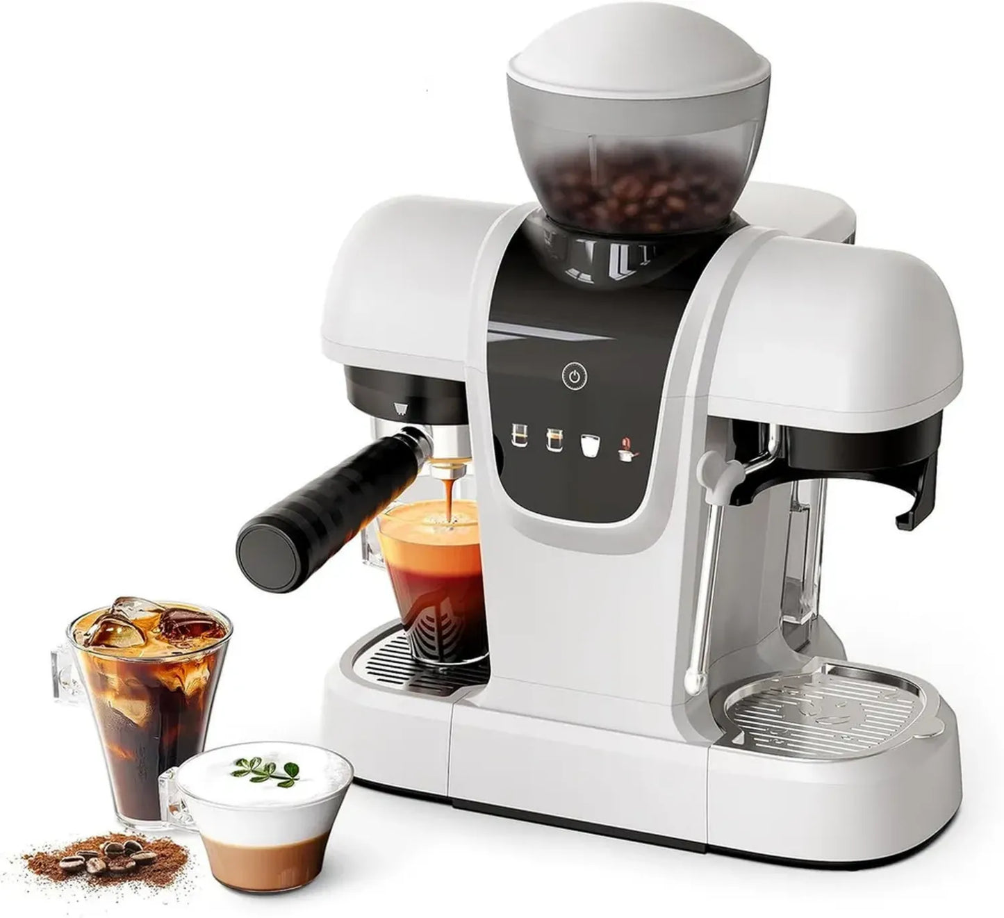 Cafetière Expresso 19 Bars avec Moulin, 2-en-1 pour Café Moulu, Cappuccino et Latte, Mousseur à Lait, Écran Tactile, Réservoir Amovible (Blanc)
