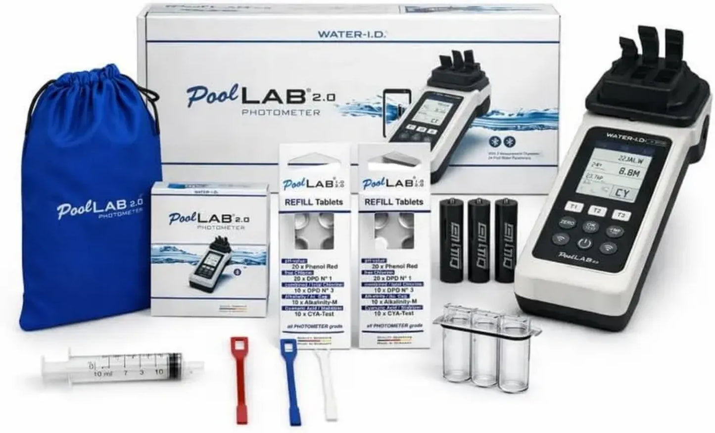 Photomètre électronique Water ID PoolLab 2.0 avec kit de recharges et cuvette supplémentaire