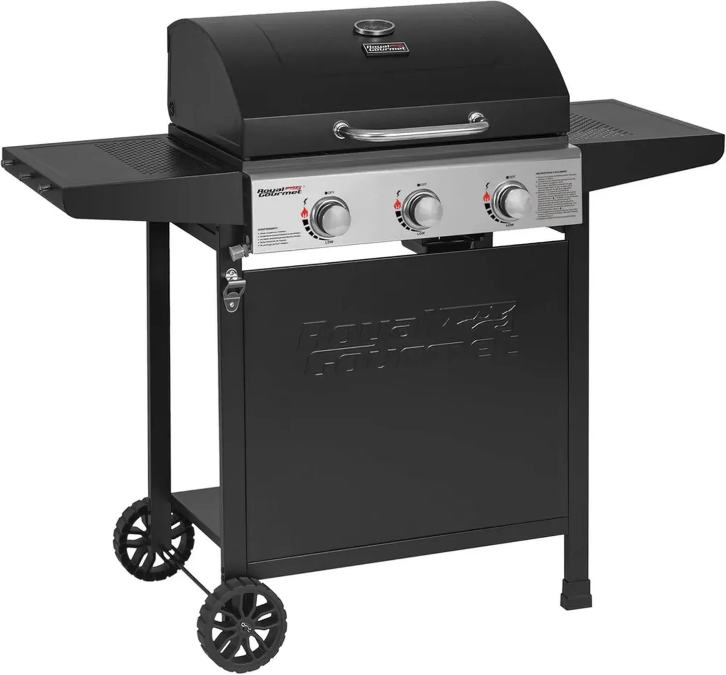 Barbecue à Gaz Royal Gourmet 3 Brûleurs, 9kW avec Capot, Grilles Émaillées et Tables Latérales