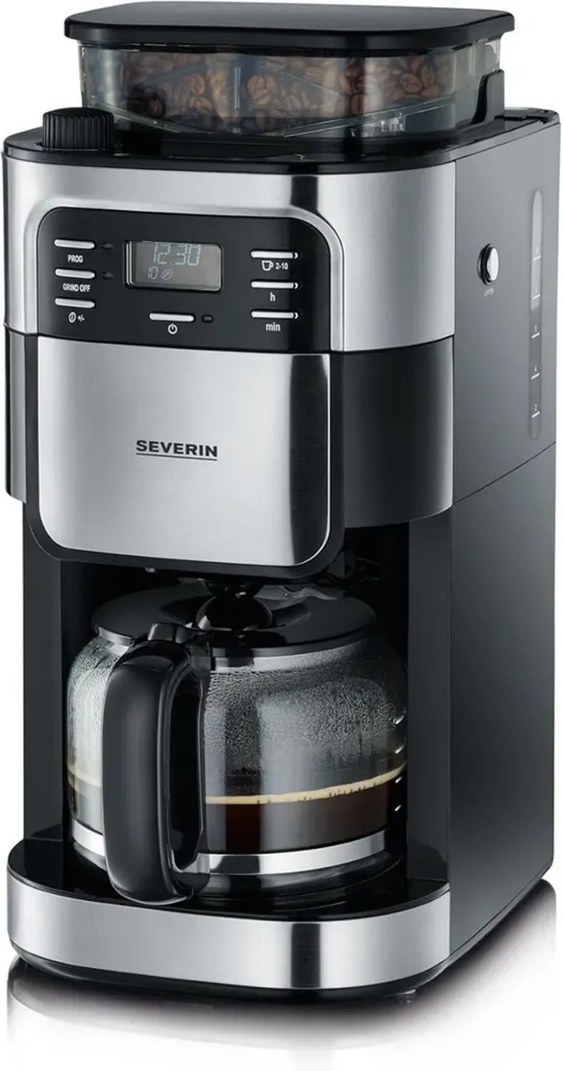 Machine à Café SEVERIN 1000W avec Broyeur et Programmation, Verseuse 10 Tasses, Noir/Inox