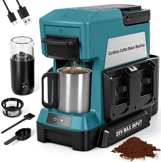 Cafetière portable sans fil compatible Makita 18 V, avec moulin intégré et tasse, idéale pour camping et voyages