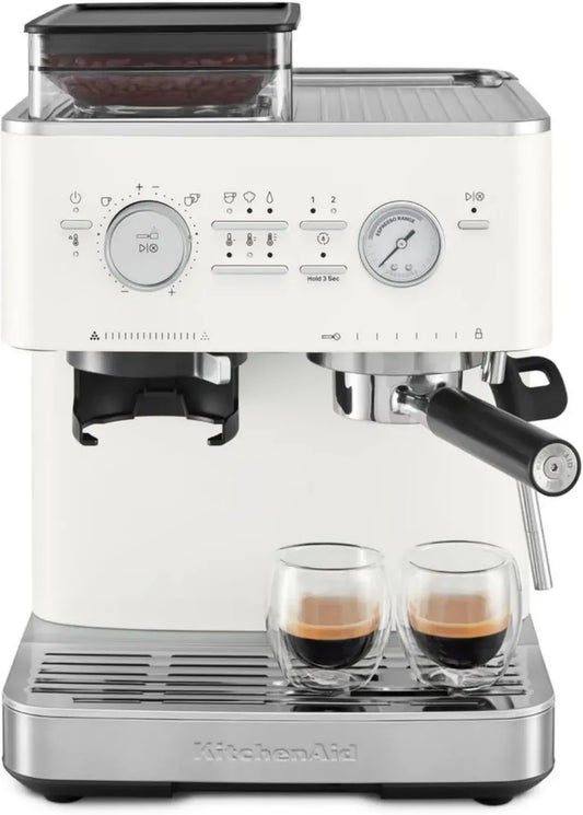 Machine à Expresso KitchenAid avec Broyeur Conique - Cafetière Semi-Automatique pour Expresso et Cappuccino - 355 ml - Blanc
