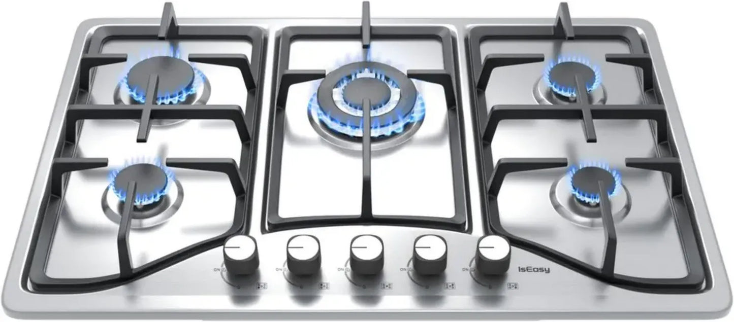 Plaque de Cuisson à Gaz 5 Feux Inox, Encastrable, Compatible Gaz Naturel et Bouteille