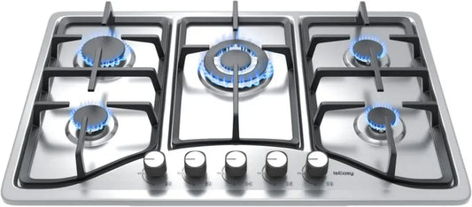 Plaque de Cuisson à Gaz 5 Feux Inox, Encastrable, Compatible Gaz Naturel et Bouteille