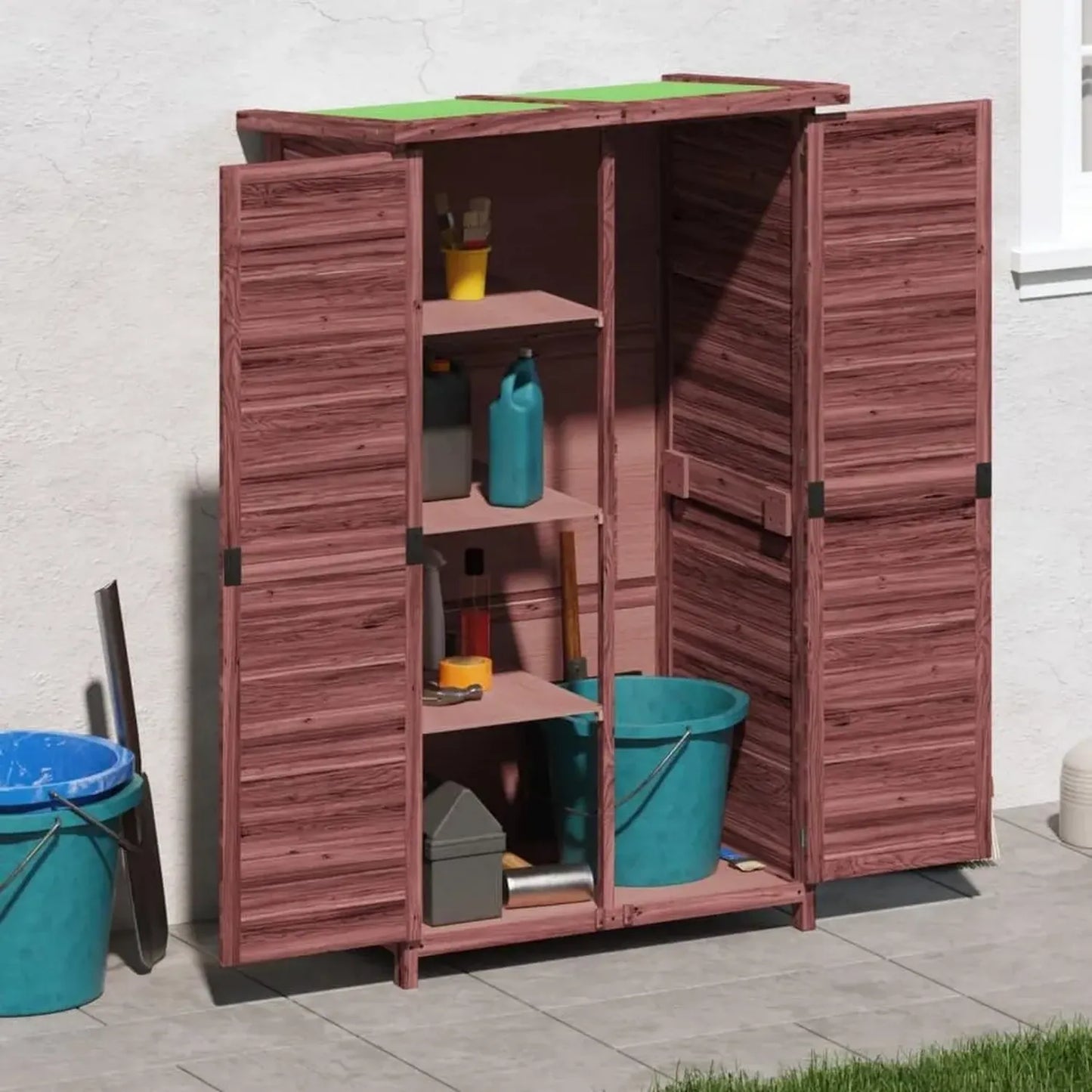 Cabanon de Jardin en Bois Massif avec Étagères et Portes, Rangement Extérieur, Moka 83x57x140 cm