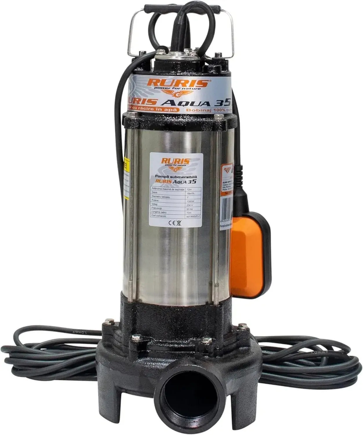 Pompe Submersible 1300W avec Flotteur, Débit 18m³/h, Hauteur de Refoulement 12m, Stator en Cuivre - Ruris Aqua 35