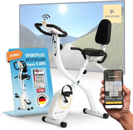 Vélo d'Appartement Pliable SportPlus avec Dossier et 8 Niveaux de Résistance - Frein Magnétique Silencieux, Support Tablette, Capteur Cardiaque