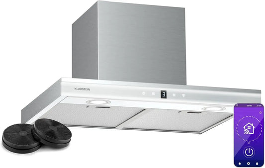 Hotte Murale Klarstein Auriana 60cm, 700 m³/h, Efficacité Énergétique A+, LED Blanc Froid, Contrôle Tactile WiFi, Silencieuse avec Filtre à Charbon, Noir Élégant