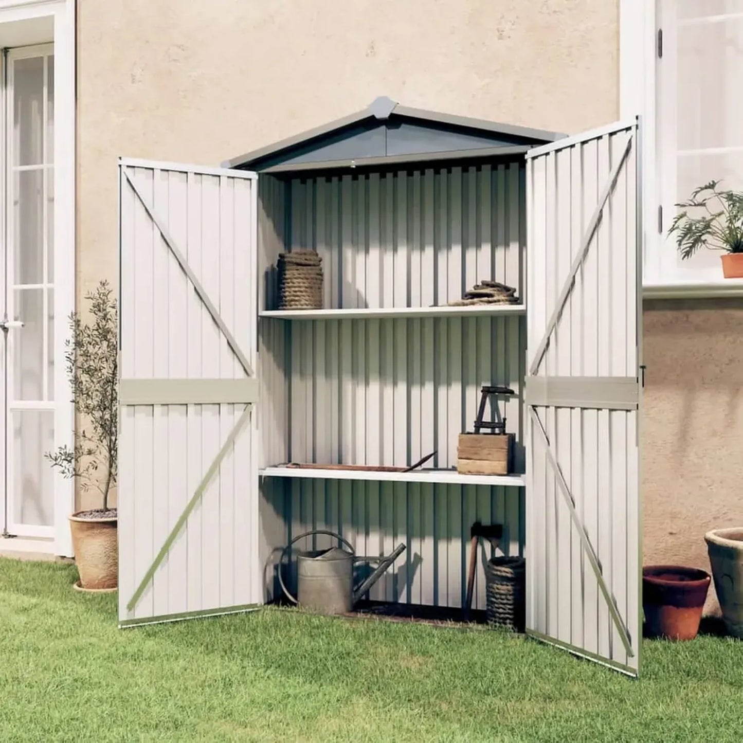 Abri de Jardin Métal Gris avec Étagères et Ventilation - 116x45x175cm