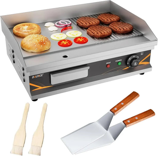 Gril Électrique Professionnel en Acier Inoxydable 3000W, Surface Lisse et Rainurée, 220-240V