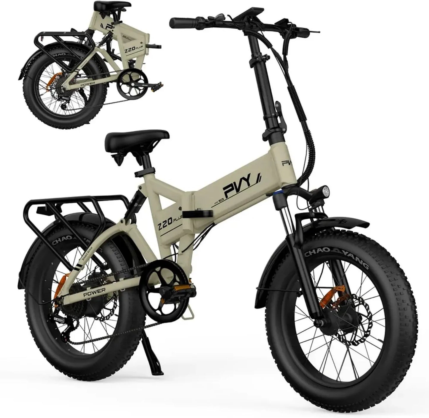 Vélo Électrique Tout-Terrain pour Adulte - Fat Bike avec Pneus 20x4.0 - Moteur Puissant 100 Nm, Autonomie Jusqu'à 120 km, Batterie Amovible - Freins Hydrauliques à Disque, Phare Ultra-Lumineux 1200 lm - Suspension Complète, 7 Vitesses (Beige)