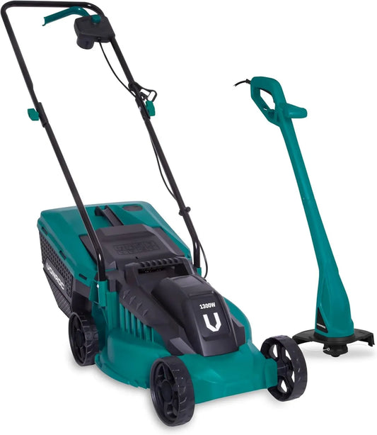 Ensemble Tondeuse 1300W et Débroussailleuse 300W VONROC - Coupe 32cm - Bac 30L - Pelouse et Herbe