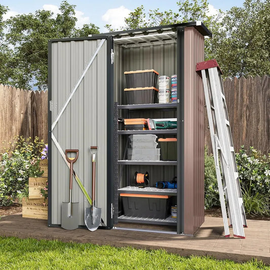 Aoxun Cabane de Jardin Métallique 0,9 x 6,3 m avec Portes Verrouillables, Rangement Extérieur pour Terrasse et Pelouse, Abri en Acier Marron