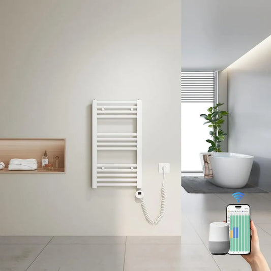 Radiateur Sèche-Serviettes Connecté 70x40cm WiFi, Thermostat Intégré, Blanc 300W, Compatible Tuya et Assistants Vocaux, 4 Modes