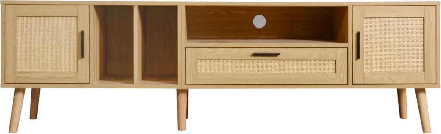 Meuble TV bas en bois de chêne avec tiroirs et gestion des câbles - 180 cm