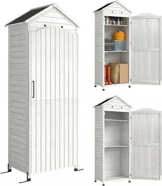Cabane de Jardin en Bois Outsunny avec Toit Incliné, Étagères Ajustables et Aérations, 85 x 58 x 213 cm, Blanche