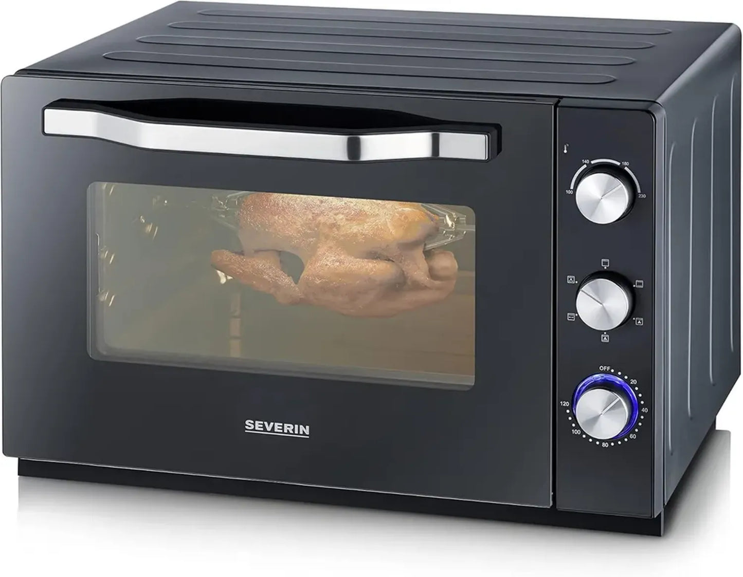 Four Électrique XXL 60L avec Chaleur Tournante, Pierre à Pizza et Tournebroche, 2200W - Noir/Inox