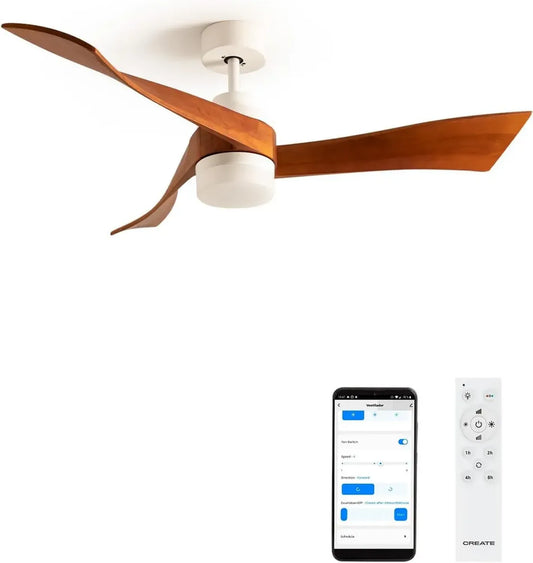 Ventilateur Plafond Intégré LED avec Télécommande, 132 cm Bois-Blanc, 6 Vitesses, Été-Hiver, Contrôle Wifi