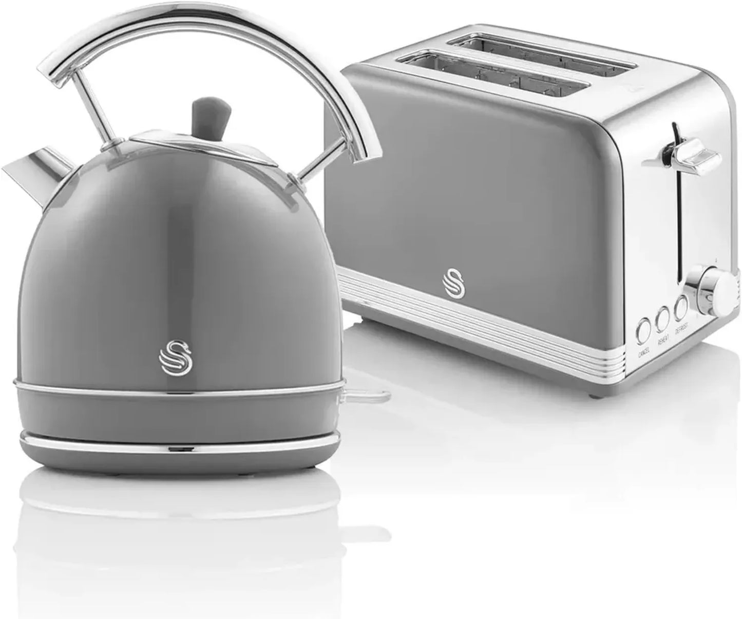 Ensemble Petit-Déjeuner Swan Vintage, Bouilloire Inox 1,8L et Grille-Pain 2 Tranches, Gris