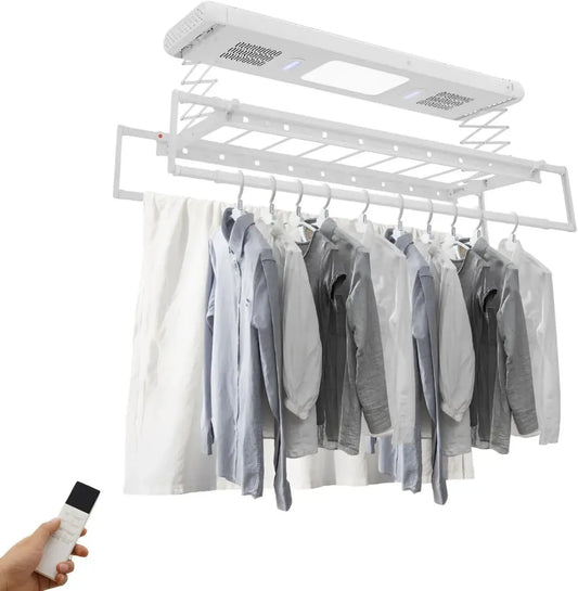 Sèche-linge mural et plafond avec ventilateur, support ajustable 130-215 cm, éclairage LED, télécommande
