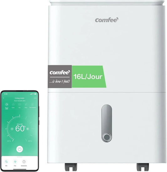 Déshumidificateur COMFEE' 16L avec Purificateur d'Air Ioniseur, 4 Modes, Fonction Air Swing et Contrôle via App, Pour Surface de 29 à 44m²