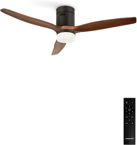 Ventilateur de Plafond WindCalm Noir avec Lumière et Télécommande, Pales en Bois Naturel, 132 cm, 40W, 6 Vitesses, Minuterie, 3 Températures de Lumière, Fonction Été-Hiver