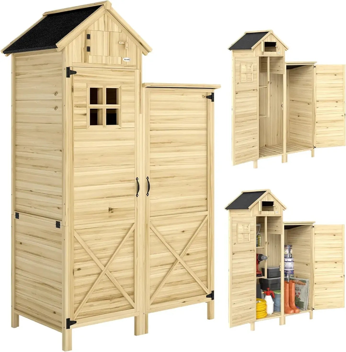 Abri de Jardin en Bois Outsunny avec Toit Asphalte - Armoire Extérieure avec Double Espace et Étagères Amovibles - Rangement Outils avec Fenêtre pour Terrasse, Couleur Naturelle