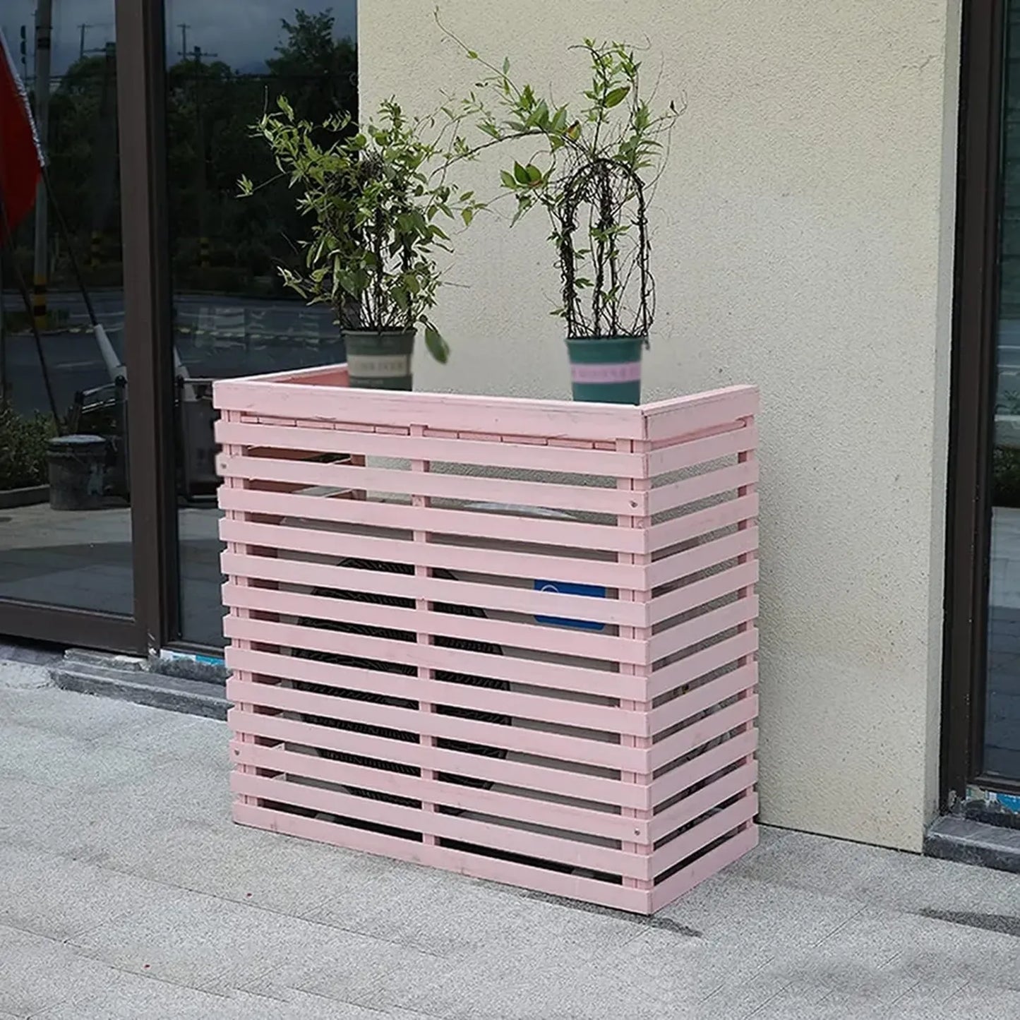 Cache-climatiseur Bois à Persiennes, Paravent 3 Panneaux 85x80x35 cm, Intérieur/Extérieur, Design Élégant Rose