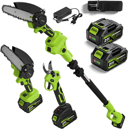 Sécateur et Tronçonneuse Électrique 6 Pouces, Kit 4 en 1 avec Batterie 2x3,0 Ah, Élagueuse à Perche Réglable 180°