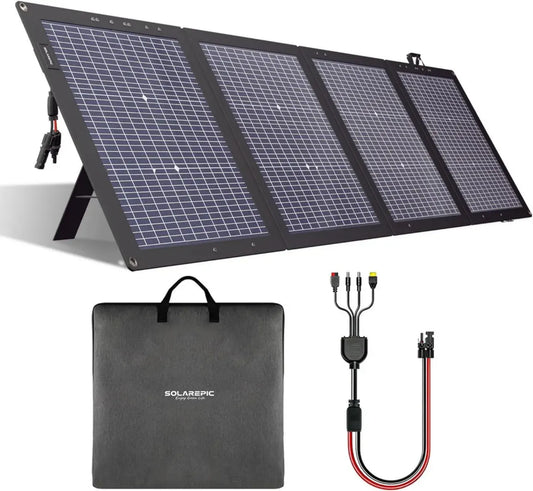Chargeur solaire pliable 220W, cellules bifaciales monocristallines, résistant à l'eau, pour camping et véhicule, avec support et sac