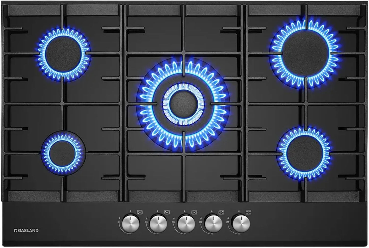 Plaque de cuisson à gaz 5 foyers avec brûleur wok, 76 cm, verre noir, 10,4 KW, compatible GPL/NG