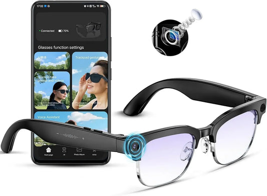 Lunettes Connectées AI - Caméra 8MP, Appels BT, Vidéo 4K, IP66, Anti-Lumière Bleue