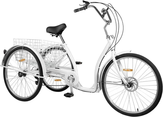 Vélo tricycle adulte 26' blanc, 6 vitesses avec panier, idéal pour hommes, femmes et seniors