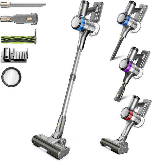 Aspirateur Balai sans Fil 400W, 45KPa Puissance d'Aspiration, Autonomie 55 Min, Brosse Anti-enchevêtrement, Batterie Remplaçable, Écran LED pour Sols Durs et Poils d'Animaux