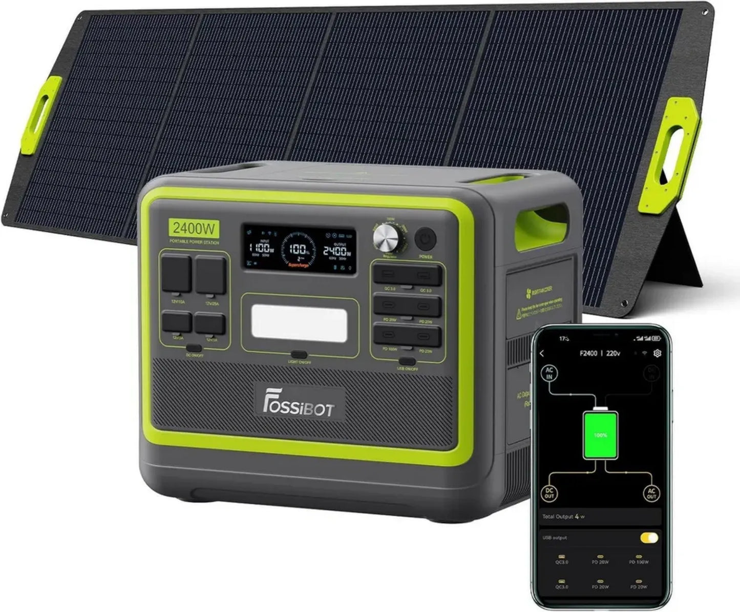 FOSSiBOT Générateur Solaire F2400, Panneau Solaire 200W, Batterie LiFePO4 2048Wh, Puissance 2400W, 3 Sorties AC, Recharge Rapide 1.5h, Station Énergie Portable