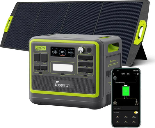 FOSSiBOT Générateur Solaire F2400, Panneau Solaire 200W, Batterie LiFePO4 2048Wh, Puissance 2400W, 3 Sorties AC, Recharge Rapide 1.5h, Station Énergie Portable