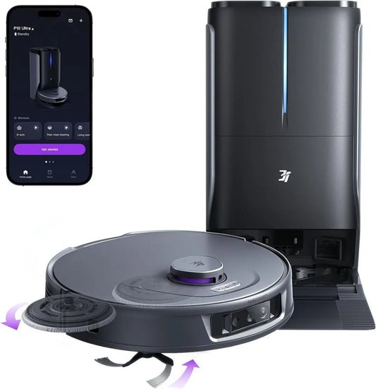 Aspirateur Robot et Laveur P10 Ultra avec IA, 18000 Pa, Nettoyage à Eau Chaude, Vidange Automatique