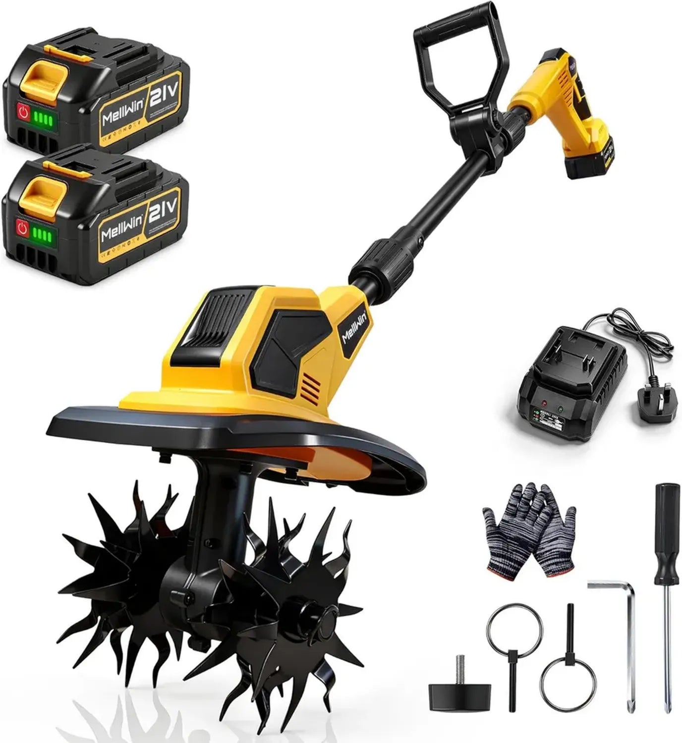Motoculteur électrique sans balais 21 V, 2 batteries 4000 mAh, 360 TR/Min, largeur 24 cm, profondeur 17 cm