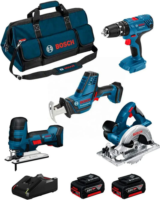 BOSCH Ensemble 18V Complet : Scie Sabre, Scie Sauteuse, Scie Circulaire et Perceuse à Percussion avec Batteries et Chargeur