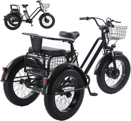 Vélo cargo électrique adulte 20'' à pneus larges, tricycle avec batterie 48V 12Ah amovible, charge max 200kg, autonomie 35 km