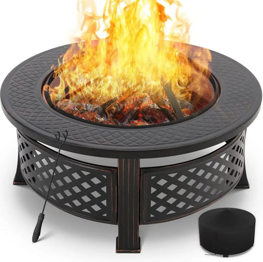 Braséro Extérieur 3 en 1 avec Housse, Cheminée de Jardin 80x80x54cm, Grille BBQ Galvanisée, Pare-étincelles et Accessoires